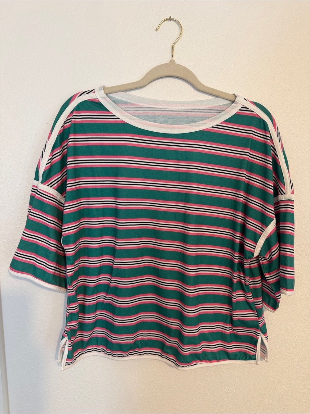 Amazon Women's Green, Pink & White Striped Short Sleeve Tee